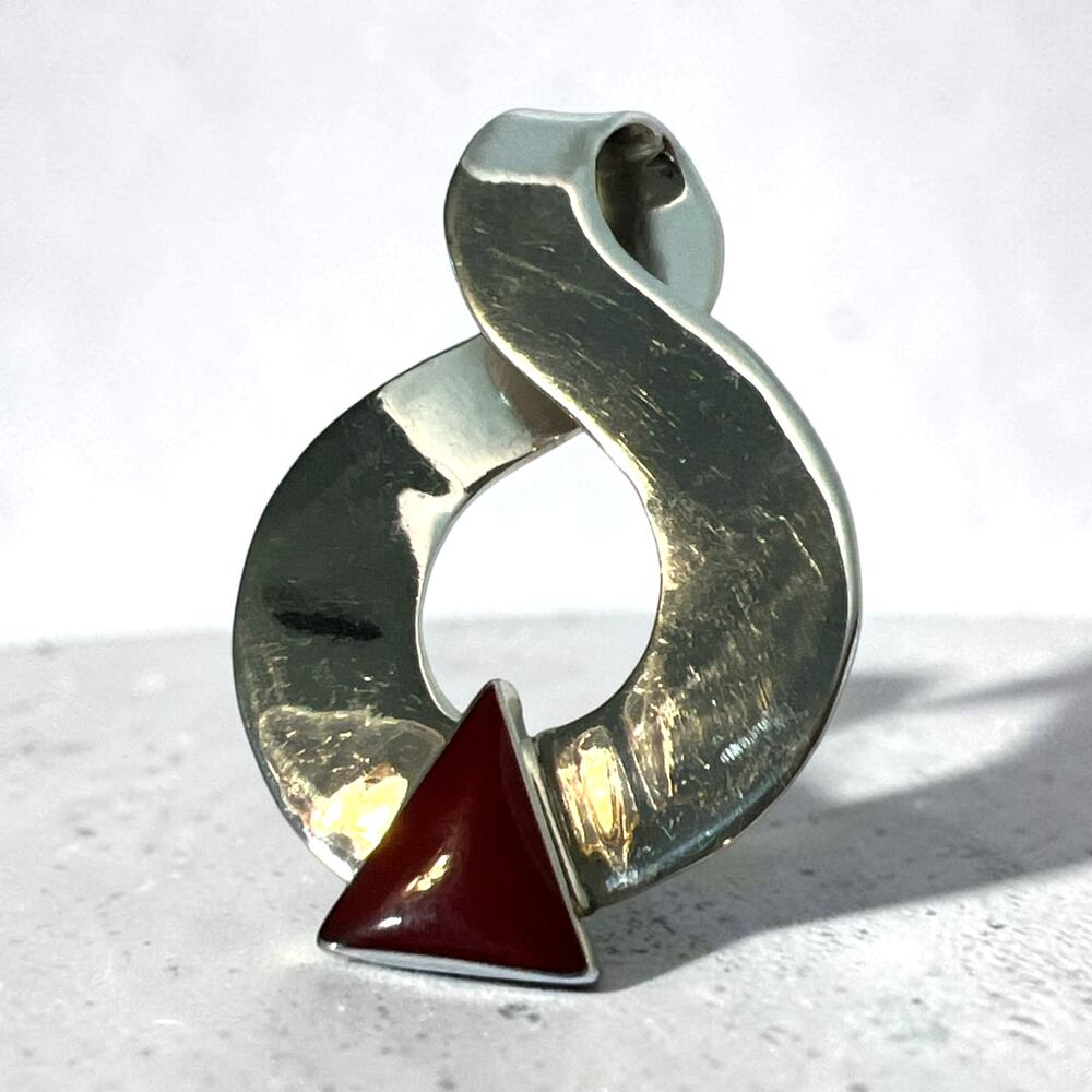 Vintage Modernist 925 Abstract Pendant with/Vibrant Red Inlaid Triangular Stone